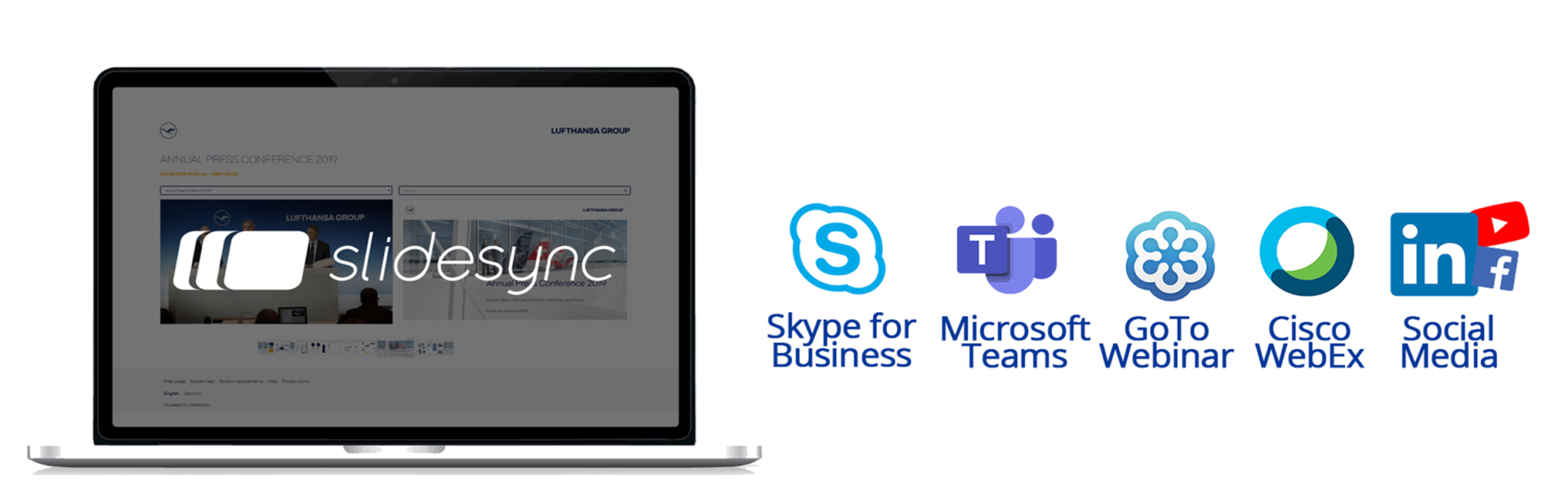 MES can integrate SlideSync with Skype, Microsoft Teams, GoTo Webinar, Cisco WebEx and social media platforms.